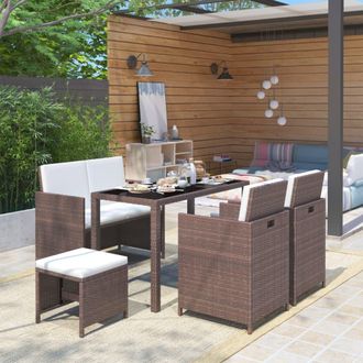 vidaXL Set Comedor De Jard&iacute;n 6 Piezas Y Cojines Rat&aacute;n Sint&eacute;tico Marr&oacute;n Vidaxl