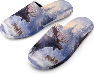 Generic Moose Deer Wildlife Snowy Forests Mountain Mens Slippers Warm Non-Slip Houes Shose Spa Slipper for Home Bedroom