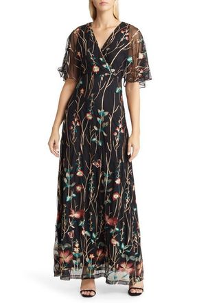 Kiyonna Embroidered Elegance Evening Gown with Sleeves in Onyx at Nordstrom, Size X-Large