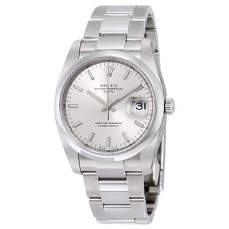 Rolex Pre-owned Rolex Oyster Perpetual Date 34 Silver Dial Stainless Steel Bracelet Automatic Mens Watch 115200SSO