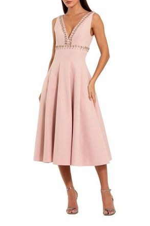 Mac Duggal Rhinestone Embellished Crepe A Line Midi Dress in Dusty Rose at Nordstrom, Size 10