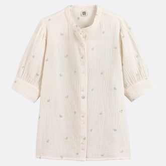 La Redoute Collections Blouse met ronde hals en bloemenborduursel, 3/4 mouwen