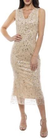 Marina Rossini Beaded Midi Cocktail Dress in Champagne at Nordstrom Rack, Size X-Large