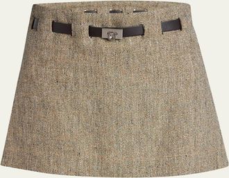 Ferragamo Mouline Linen Pleated Mini Skirt With Belt