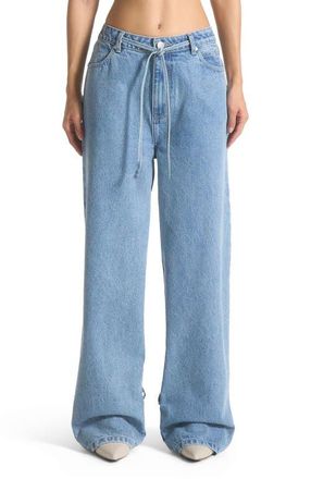 Mani&egrave;re De Voir Faye Wide Mid Rise Jeans with Tie Waist in Mid Blue at Nordstrom, Size 14