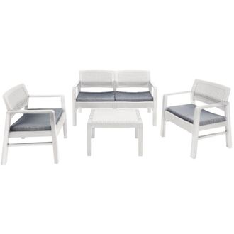 Dmora Set salotto da esterno Agnelo, Composizione da giardino con 2 poltrone, 1 divano ed 1 tavolino, Salottino effetto rattan con cuscini, 100% Made in