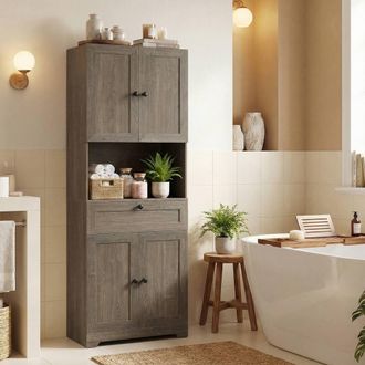 Costway Costway Modern Bathroom Cabinet Wooden Storage Cabinet w/ 4 Doors & 1 Drawer in Grey