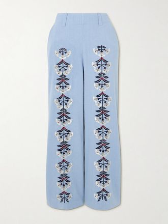 Alix of Bohemia Pantaloni Svasati In Seta Fiammata Con Ricami Charlie - Blu