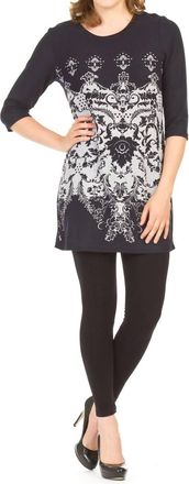 Papillon Filigree Print 3/4 Sleeve Dress In Navy