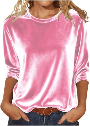 Generic Velvet Long Sleeve Tops Women Crew Neck Solid Gold Velvet Pullover Elegant Tunic Top Soft Loose T Shirts Casual V Neck Ladies Sweatshirts Classic Ligh