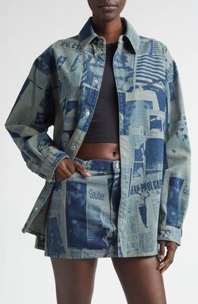 Jean Paul Gaultier Newspaper Print Denim Button-Up Shirt in Indigo/Beige at Nordstrom, Size X-Large