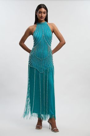 Karen Millen Womens Crystal Embellished Fringed Woven Midi Dress - Blue - Size 12 UK