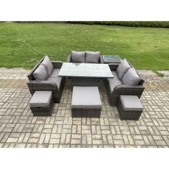 Fimous Rattan Garden Outdoor Furniture 3 pc Love Sofa Set Adjustable Rising lifting Dining Table With Side Table 3 Footstools - Fimous