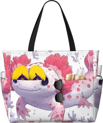 Generic Cute Axolotl Print Large Beach Bag Foldable Travel Shoulder Tote Bag With Pocket For Weekender Pool Vacation
