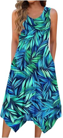 Generic Casual Print Dresses for Women UK Sleeveless Tank Dress Summer Flowy Swing A-Line Flared Dress Beach Midi Sundress with Pockets & Handkerchief Hem My 