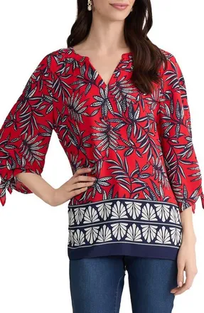 Jones New York Leaf Print Tie Cuff Raglan Sleeve Top in Rouge Multi at Nordstrom, Size X-Small