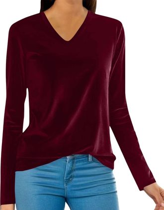 Generic Velvet Tops for Women Elegant Cowl Neck Pleated Blouse Dressy Casual Going Out Puff Long Sleeve Tops Autumn Clothes (Z01-Red, XL)
