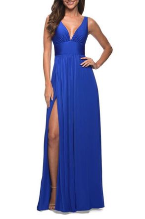 La Femme Empire Waist Gown with Deep V Neckline in Royal Blue at Nordstrom, Size 00