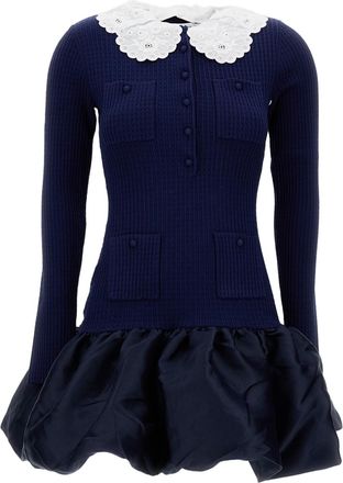 Self Portrait Navy Knit Taffeta Mini Dress
