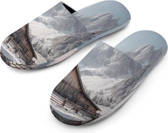 Generic Winter Log Cabin Mens Cozy Memory Foam Slippers Warm Cotton House Shoes Comfy Slipper for Indoor Outdoor