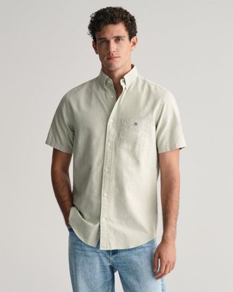 GANT Mens Regular Fit Short Sleeve Oxford Shirt - Olive Cotton - Size Large