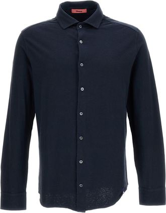 Drumohr Blue Cotton-Linen Spread Collar Casual Shirt