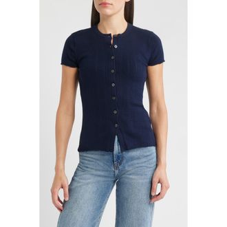 Madewell Short Sleeve Pointelle Cotton Blend Cardigan in Midnight Navy at Nordstrom, Size Xx-Large