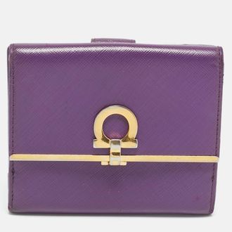Ferragamo Gancini Flap Purple Leather French Wallet