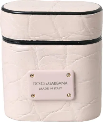 Dolce & Gabbana Light Pink Leather Metal Logo Plaque Airpods Case Caiman Accessory