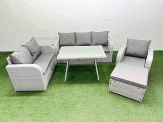 Fimous Patio Dining Table & Chairs Sets with Reclining Chair Side Table in Light Grey