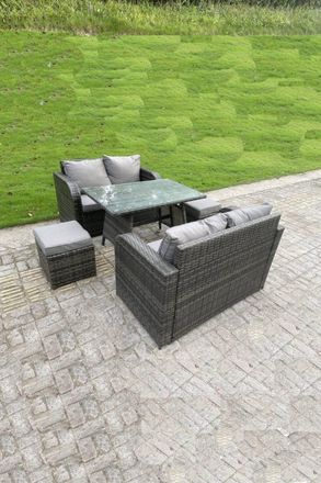 Fimous Rattan Garden Furniture Set 2 Seater Curved Arm Double Love Sofa Sofa Oblong Dining Table in Dark Grey