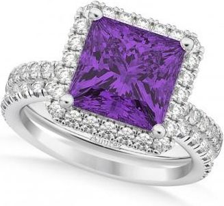 Allurez Amethyst & Diamonds Princess-Cut Halo Bridal Set 14K White Gold (3.74ct)