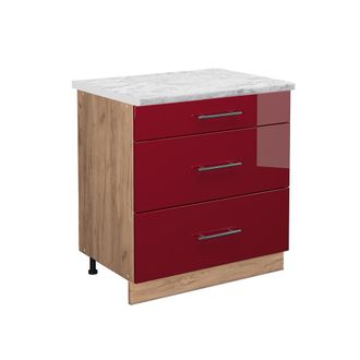 Vicco Mueble Bajo De Cocina Fame-line, Rojo Burdeos Alto Brillo, 80 Cm Con 3 Cajones, Et M&aacute;rmol