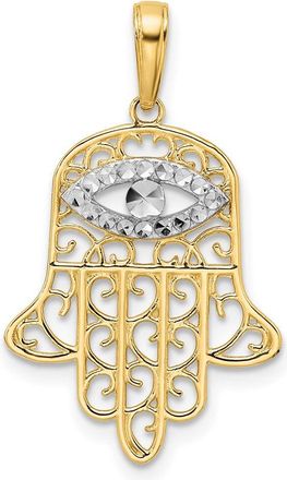 Diamond2Deal 14k Yellow Gold White Rhodium Diamond-Cut Filigree Evil Eye Hamsa Pendant