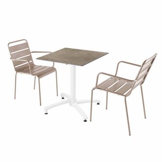 Oviala Mesa de jard&iacute;n con laminado de m&aacute;rtaupe beige y 2 sillones topo