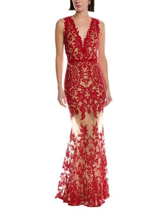 Marchesa Sleeveless Deep V-Neck Embroidered Gown