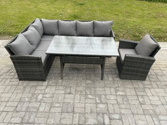 Fimous Outdoor Rattan Garden Furniture Corner Sofa Set with Rectangular Dining Table Armchair Patio Wicker Rattan Set in Dark Grey