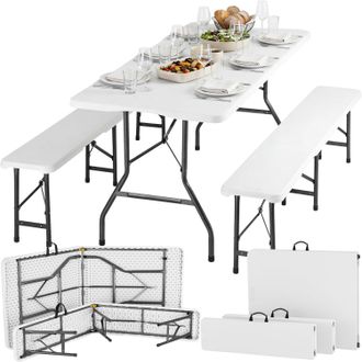 100% Conjunto Mesa Plegable Con 2 Bancos Para Jard&iacute;n 180x74x72 Cm