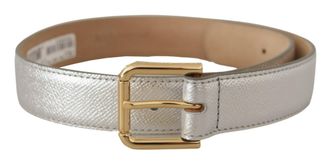 Dolce & Gabbana Womens Silver Leather Gold Tone Logo Metal Waist Buckle Belt - One Size