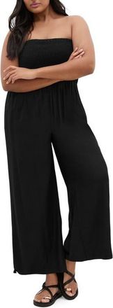 City Chic Ally Smocked Strapless Wide Leg Jumpsuit in Black at Nordstrom, Size Xxxs