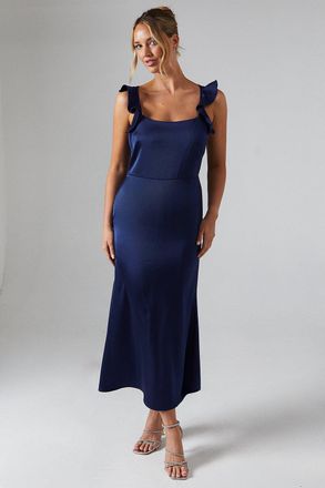 Oasis Womens Ruffle Square Neck Satin Bridesmaids Midi Dress - Navy - Size 10 UK