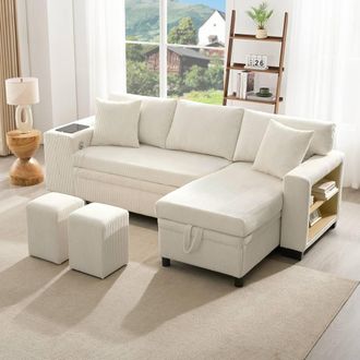 Merax L-Shaped Convertible Corner Sofa Bed with 2 Ottomans & USB Ports in Beige