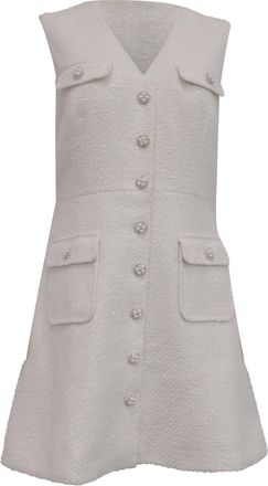 Self Portrait V-Neck Tweed Mini Dress in White Polyester