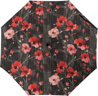 Generic Poppy Flower Black White Checkered Umbrellas for Rain Automatic Travel Compact Windproof Strong Umbrella Automatic
