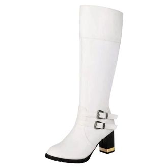 Generic Womens Casual Knee High Boots Retro Style Round Toe High Thick Heel With Belt Fastener Accents And Side Zipper