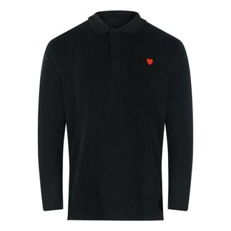 Moschino Mens Love Small Heart Logo Long Sleeve Black Polo Shirt Cotton - Size X-Large
