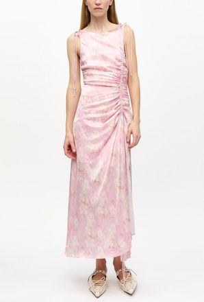 Ganni Pink Printed Satin Gathered Dress - Size 32 Viscose