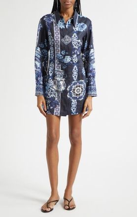 Camilla A Tiled Wonderland Long Sleeve Linen & Silk Twill Shirtdress at Nordstrom, Size X-Large