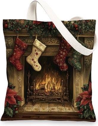 Generic Merry Christmas Fireplace Canvas Tote Bag for Shopping 13x15, Xmas Sock Poinsettia Scenic Reusable Grocery Print Bag for Women Men, Holiday New Year A