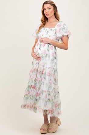 Pinkblush Floral Mesh Smocked Midi Dress in Ivory at Nordstrom, Size Small